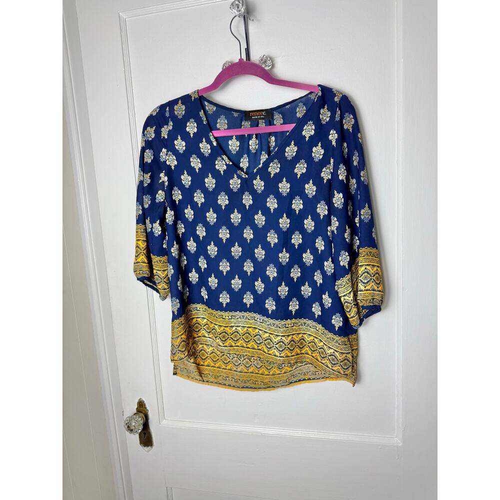 Renee C Block Print Flowy Blouse Women's Small Navy Blue Gold V-neck Top Shirt
